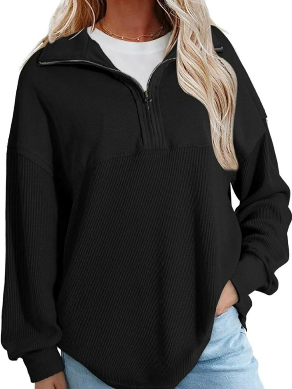 Womens Fall Sweatshirt Casual Waffle Knit Half Zip Pullover XL
